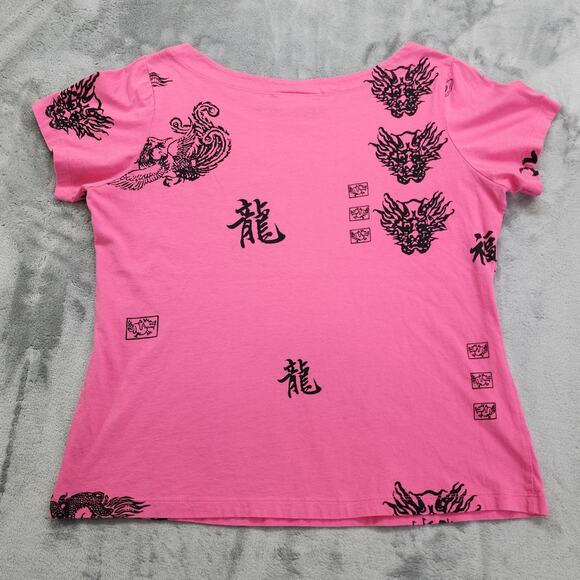 Vintage 90s Y2K Soft Surroundings Tee Womens M Pink Black Chinese Dragon Printed - Picture 2 of 7